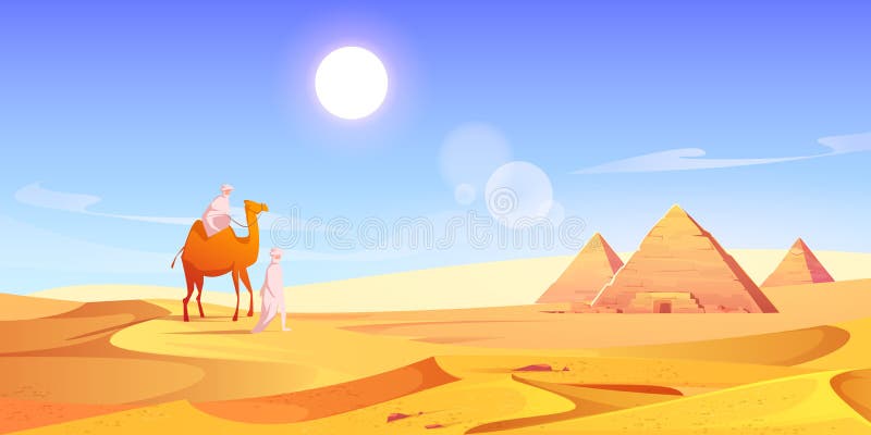 Två män och kamel i egyptiska öknen med pyramider stock illustrationer