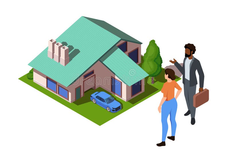 Två personer i närheten av ett hus med bilkoncept för fastigheter. Isoometrisk vektorillustration isolerad på vitt vektor illustrationer
