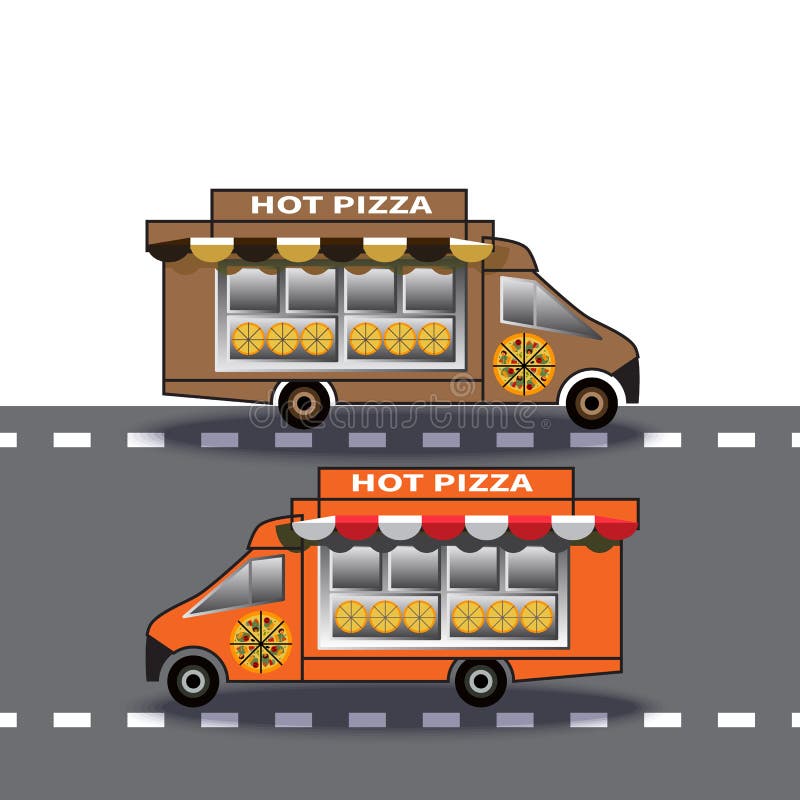 Två pizza för leveranslastbil kör ner huvudvägen vektor illustrationer Två pizza för leveranslastbil kör ner huvudvägen vektor illustrationer