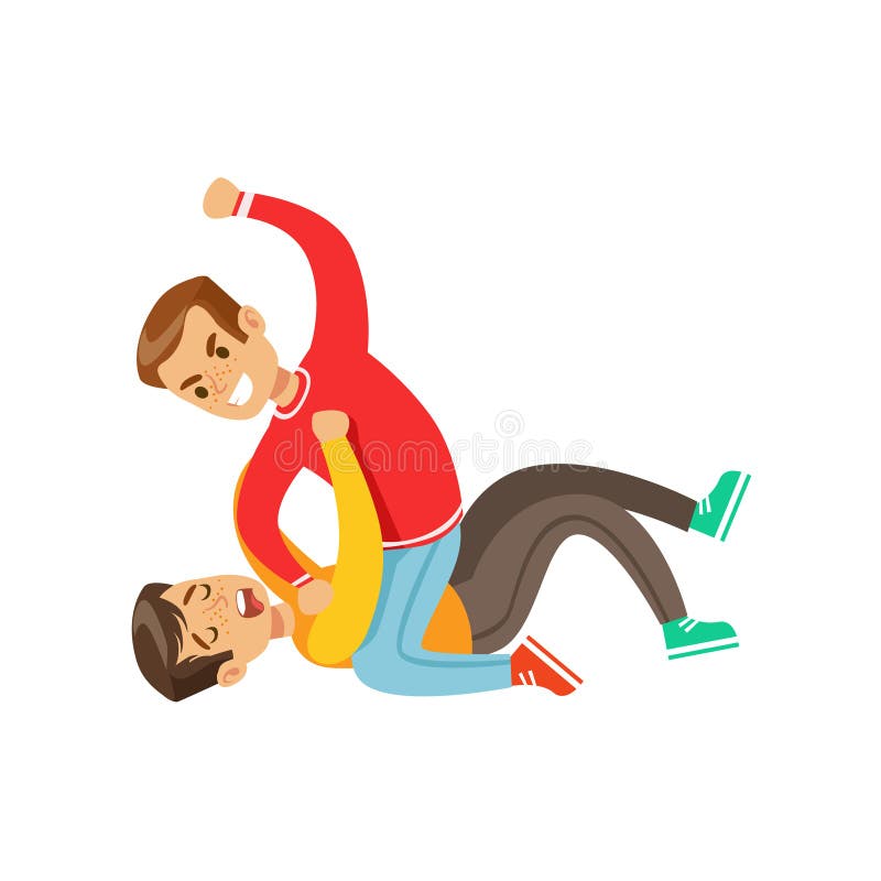Two Boys Fist Fight Positions, Aggressive Bully In Long Sleeve Red Top Fighting Another Kid Laying On The Floor. Flat Vector Teenage Aggression And Conflict Resulting In Street Fight Illustration. Two Boys Fist Fight Positions, Aggressive Bully In Long Sleeve Red Top Fighting Another Kid Laying On The Floor. Flat Vector Teenage Aggression And Conflict Resulting In Street Fight Illustration.