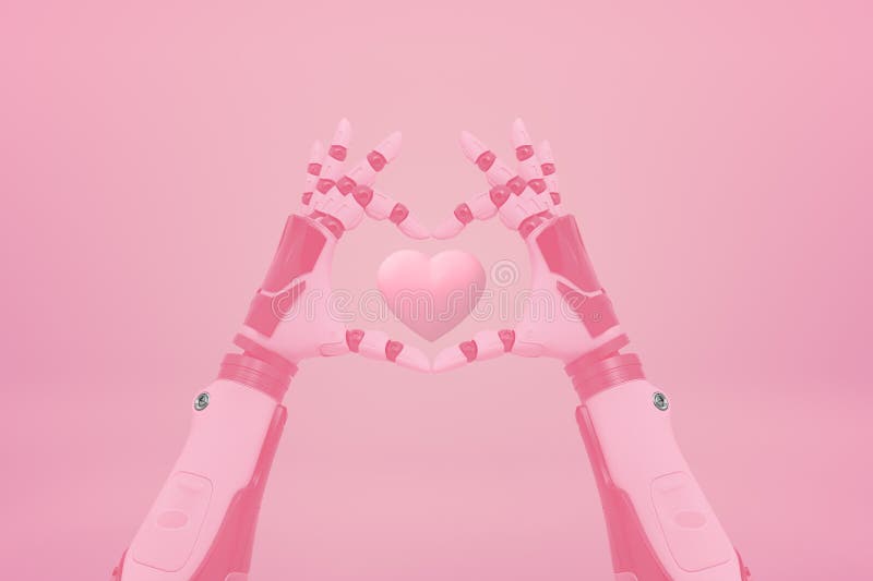 Två robothänder som håller ett litet rosa hjärta på rosa bakgrund arkivfoto