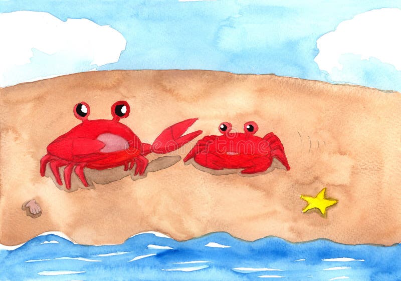Två röda krabbor på sandstranden