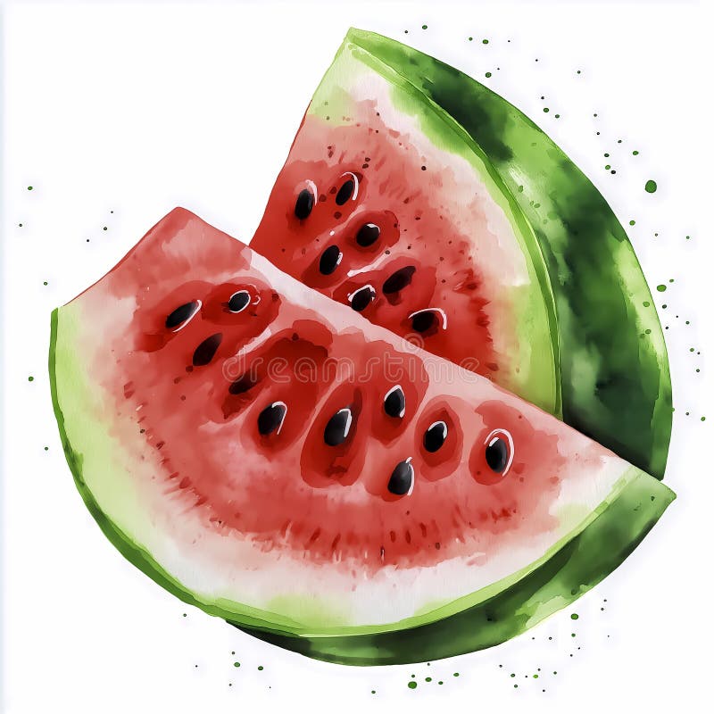Två segment av färsk vattenmelon med vibrerande färger på en vit bakgrund som visar juicerött kött. Generativ AI. Vattenmelonskivor med saftig färg sitter mot en vit bakgrund som visar en rik kombination av grön skorpa och svart frön som är perfekt för sommarfrigörande och sunt snackande.