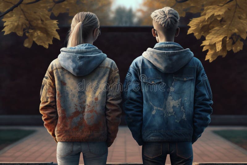 Två tonåringar nära college-byggnaden. kille och tjej tillbaka vy. ai genererad stock illustrationer