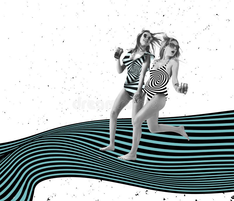 Två vackra flickor i simkostymer med lemonade i ljusbakgrund. modern design för samtida konsthandel. royaltyfri illustrationer