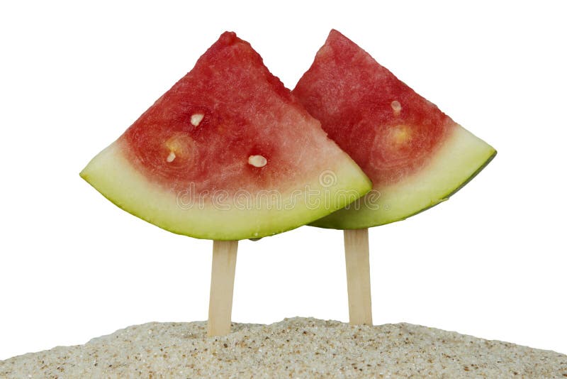 Två vattenmelon med pinnar arkivbild Två vattenmelon med pinnar arkivbild
