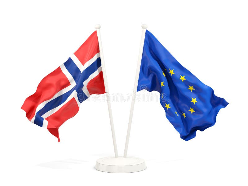 Två vinkande flaggor av Norge och EU vektor illustrationer Två vinkande flaggor av Norge och EU vektor illustrationer
