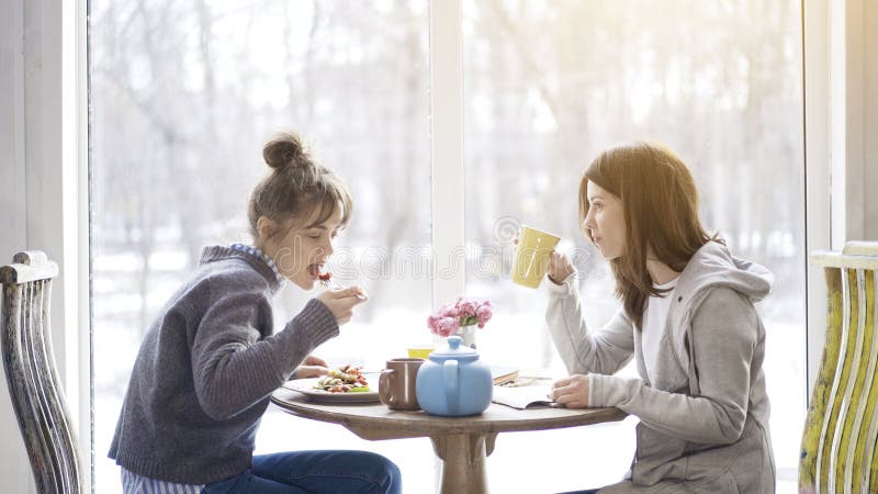 Två vänner för vuxen kvinnlig som äter och dricker te i ett kafé royaltyfri bild Två vänner för vuxen kvinnlig som äter och dricker te i ett kafé royaltyfri bild