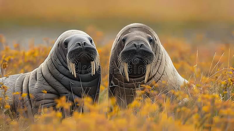 Två Walruses i Golden Tundra Grassland stock illustrationer