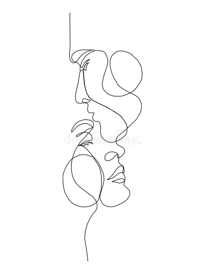 Två ytor sammanhängande ritning av två huvuden och symbolillustration för kvinnominimalistisk logotyp stock illustrationer