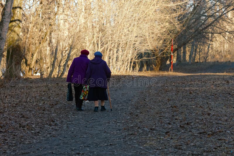 Två äldre kvinnor promenerar banan i parkera arkivbilder Två äldre kvinnor promenerar banan i parkera arkivbilder