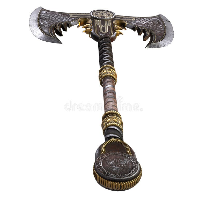 Tv?mans- yxa f?r vikingfantasi p? en isolerad vit bakgrund illustration 3d stock illustrationer Tv?mans- yxa f?r vikingfantasi p? en isolerad vit bakgrund illustration 3d stock illustrationer