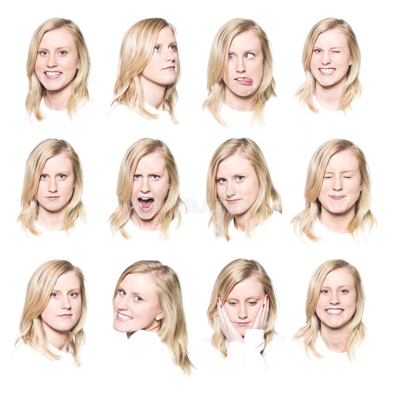Twelve portraits of a young woman with different facial expressions. Twelve portraits of a young woman with different facial expressions