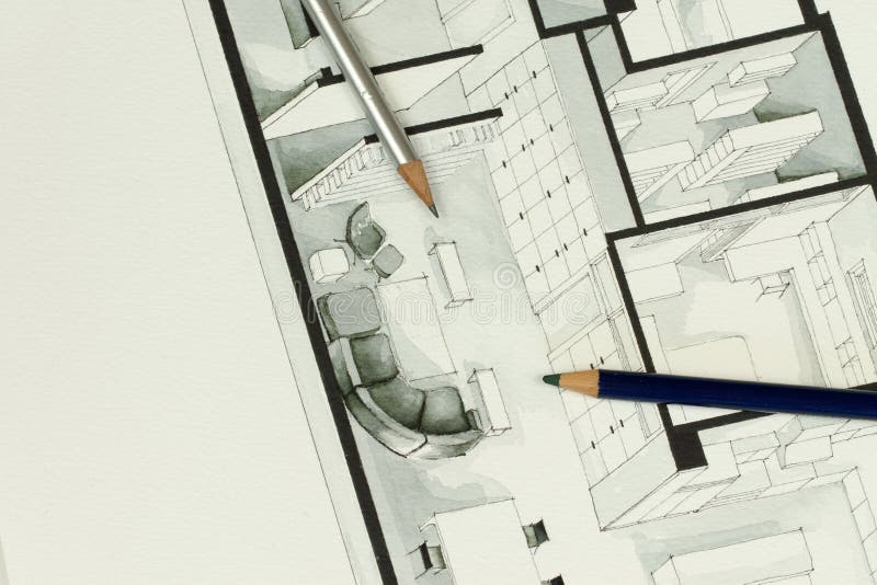 Twee artistieke die tekeningspotloden op daadwerkelijke het plan architecturale isometrische tekening van de onroerende goederenv stock afbeeldingen Twee artistieke die tekeningspotloden op daadwerkelijke het plan architecturale isometrische tekening van de onroerende goederenv stock afbeeldingen
