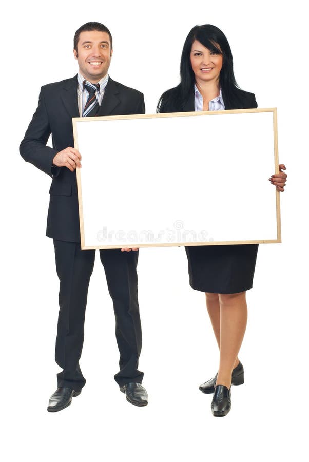 Twee bedrijfsmensen die banner houden stock afbeelding Twee bedrijfsmensen die banner houden stock afbeelding