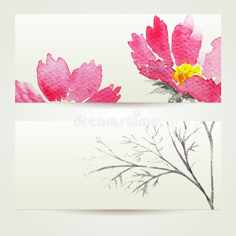 Twee bloemenwaterverfbanners met boeket van roze bloemen stock illustratie Twee bloemenwaterverfbanners met boeket van roze bloemen stock illustratie