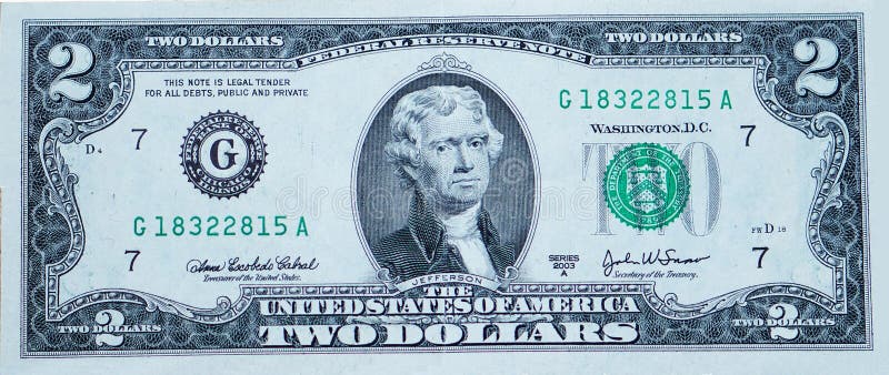 Two-dollar bill with Jefferson. Two-dollar bill with Jefferson