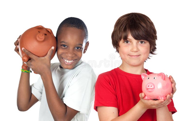 Twee gelukkige kinderen met moneyboxbesparingen stock afbeeldingen Twee gelukkige kinderen met moneyboxbesparingen stock afbeeldingen