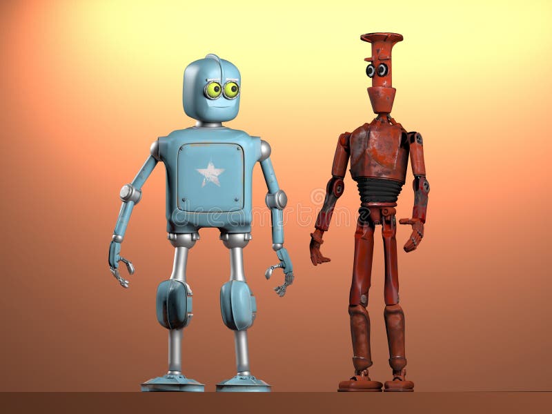 Twee generaties retro - vintage robots 3d rendering