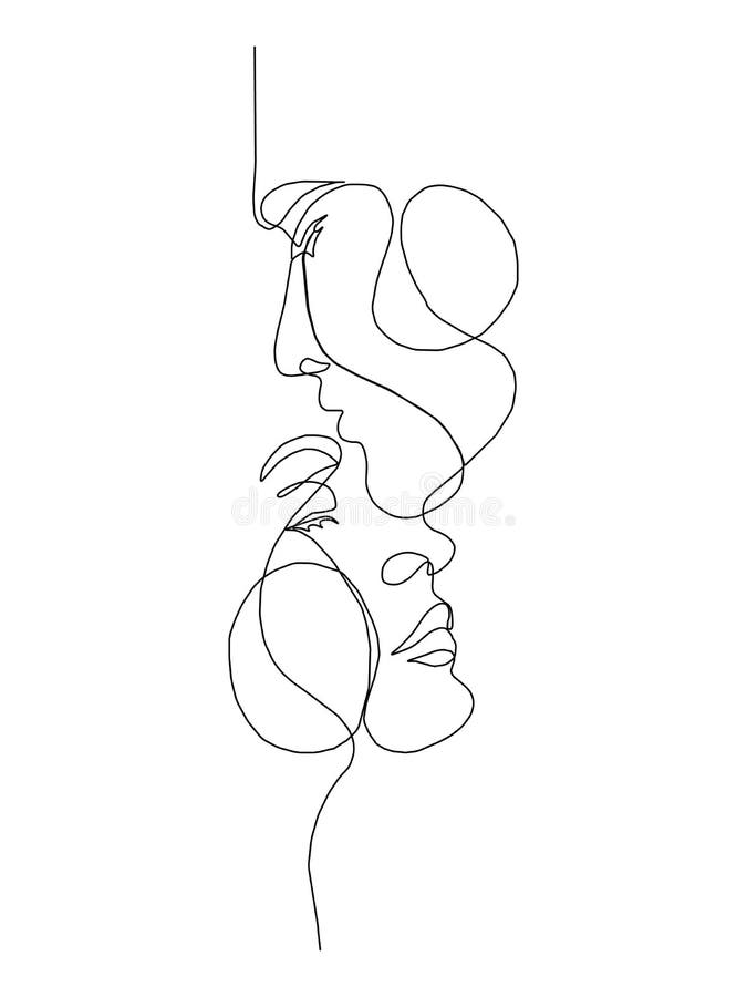 Twee gezichten met een ononderbroken lijntekening van twee hoofden en een vrouw met een minimalistisch concept logo illustratie