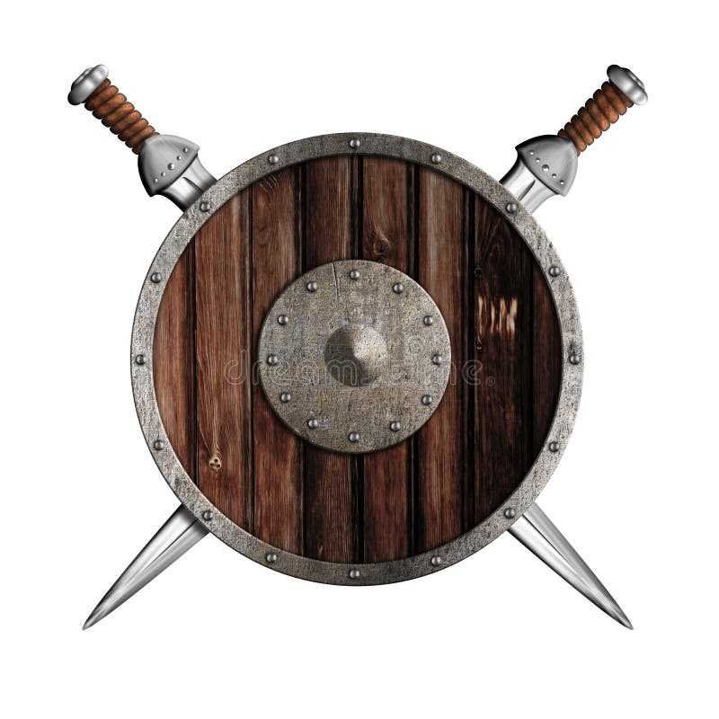 Twee geïsoleerde ridderzwaarden en houten rond schild stock illustratie Twee geïsoleerde ridderzwaarden en houten rond schild stock illustratie