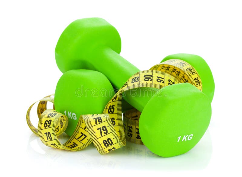 Twee groen dumbells en meetlint Geschiktheid en Gezondheid royalty-vrije stock foto Twee groen dumbells en meetlint Geschiktheid en Gezondheid royalty-vrije stock foto