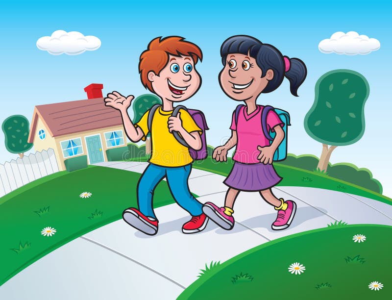 Cartoon illustration of two kids, a boy and girl, walking to school with backpacks and talking. Cartoon illustration of two kids, a boy and girl, walking to school with backpacks and talking.