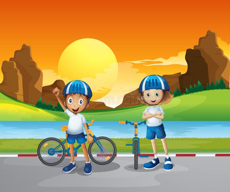 Twee jonge geitjes met hun fietsen die zich bij de weg dichtbij de rivier bevinden vector illustratie Twee jonge geitjes met hun fietsen die zich bij de weg dichtbij de rivier bevinden vector illustratie