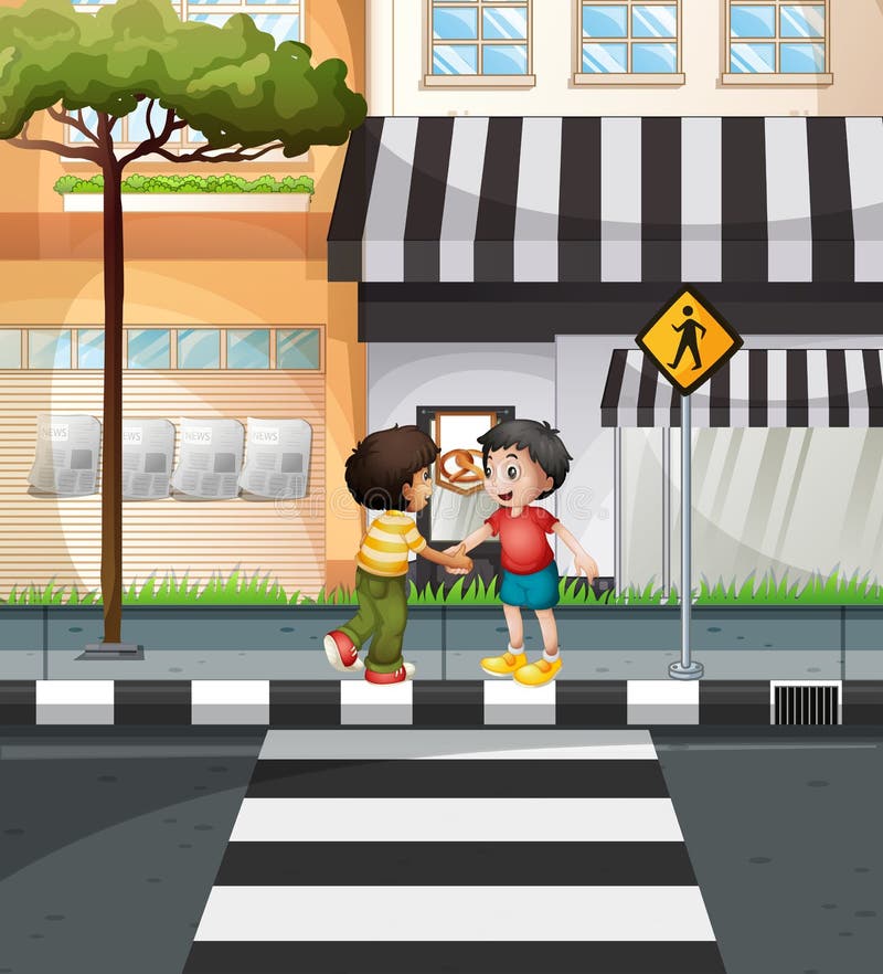 Twee jongens die de weg wachten te kruisen stock illustratie Twee jongens die de weg wachten te kruisen stock illustratie