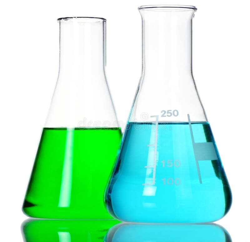 Twee Kegelflessen met Groene en Blauwe Vloeistof - royalty-vrije stock afbeelding Twee Kegelflessen met Groene en Blauwe Vloeistof - royalty-vrije stock afbeelding