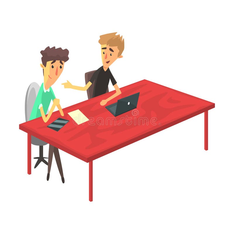 Twee Kerels achter het Bureau met Apparaten het Babbelen, Jongeren Coworking die in Informele Atmosfeer Ideeën delen en royalty-vrije illustratie Twee Kerels achter het Bureau met Apparaten het Babbelen, Jongeren Coworking die in Informele Atmosfeer Ideeën delen en royalty-vrije illustratie