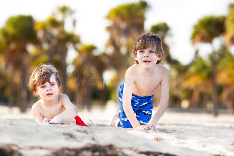 Twee Kleine Jonge Geitjesjongens Die Pret Die Op Tropisch Strand ...