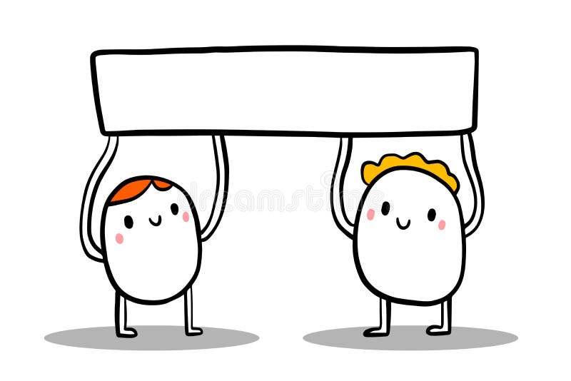 Twee leuke beeldverhaalmensen die lege lege banner houden Minimalismstijl vector illustratie Twee leuke beeldverhaalmensen die lege lege banner houden Minimalismstijl vector illustratie