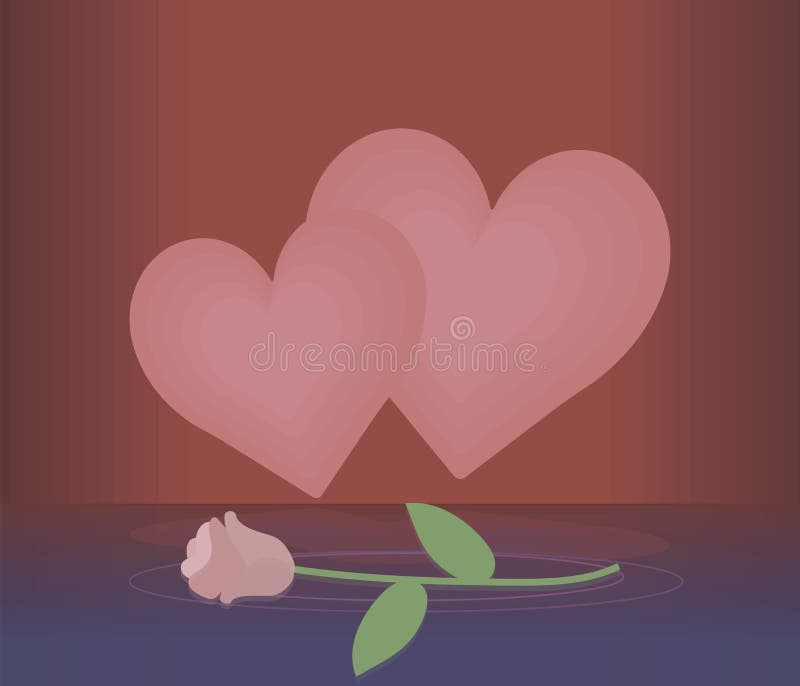 Twee lichtrose harten op een rode achtergrond met bezinning en licht namen op de blauwe kaart van de water vectorgroet toe stock illustratie Twee lichtrose harten op een rode achtergrond met bezinning en licht namen op de blauwe kaart van de water vectorgroet toe stock illustratie