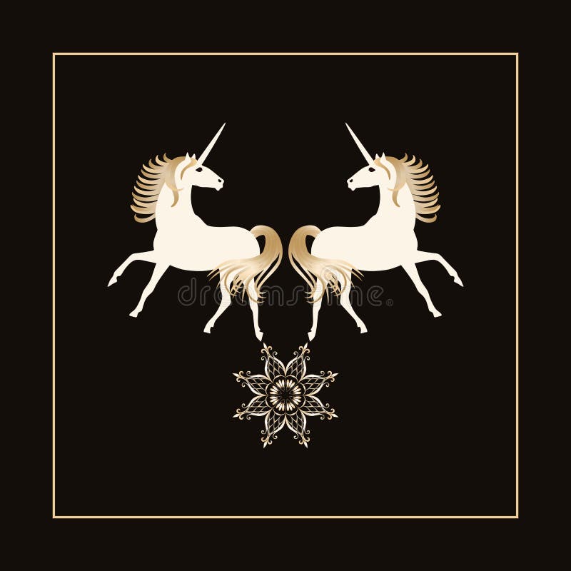 Twee magische eenhoorns met gouden die manen en ster - mandala op zwarte achtergrond in vector wordt geïsoleerd Mooi embleem stock illustratie Twee magische eenhoorns met gouden die manen en ster - mandala op zwarte achtergrond in vector wordt geïsoleerd Mooi embleem stock illustratie