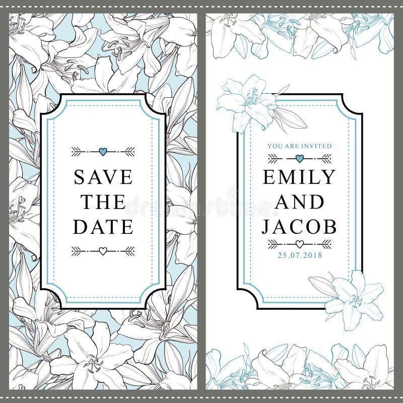 Twee malplaatjes van de huwelijksuitnodiging met witte lelies royalty-vrije illustratie Twee malplaatjes van de huwelijksuitnodiging met witte lelies royalty-vrije illustratie