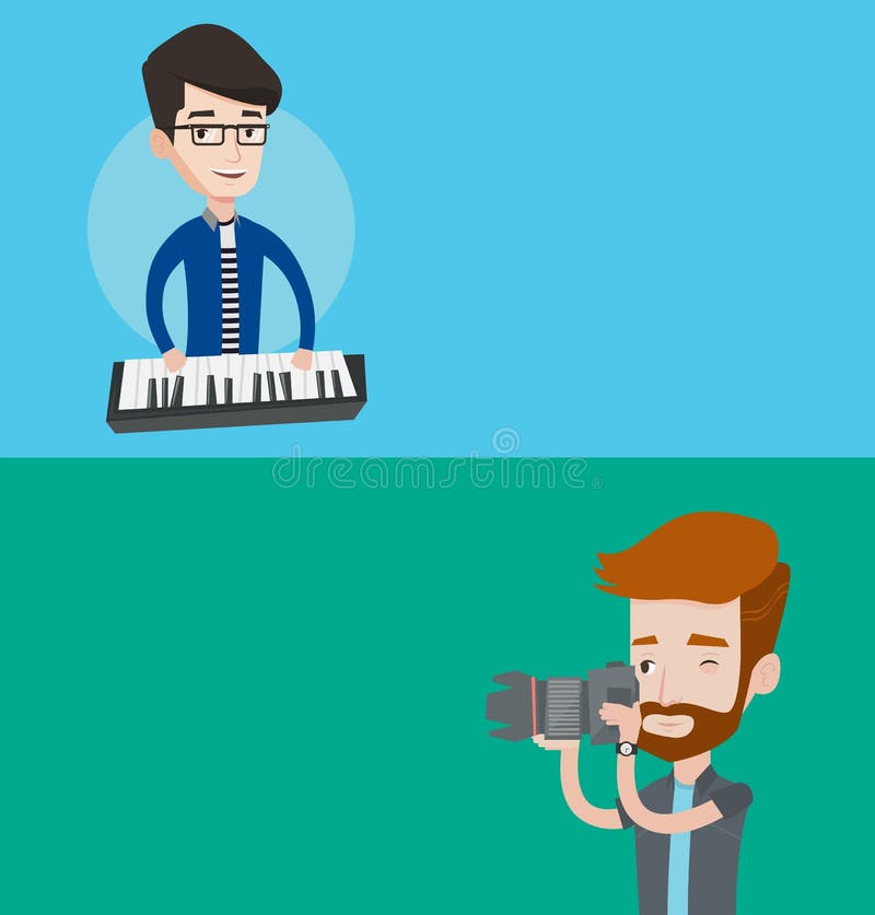 Two media banners with space for text. Vector flat design. Horizontal layout. Musician playing piano. Pianist playing upright piano. Young artist playing on piano. Young photographer taking a photo. Two media banners with space for text. Vector flat design. Horizontal layout. Musician playing piano. Pianist playing upright piano. Young artist playing on piano. Young photographer taking a photo.