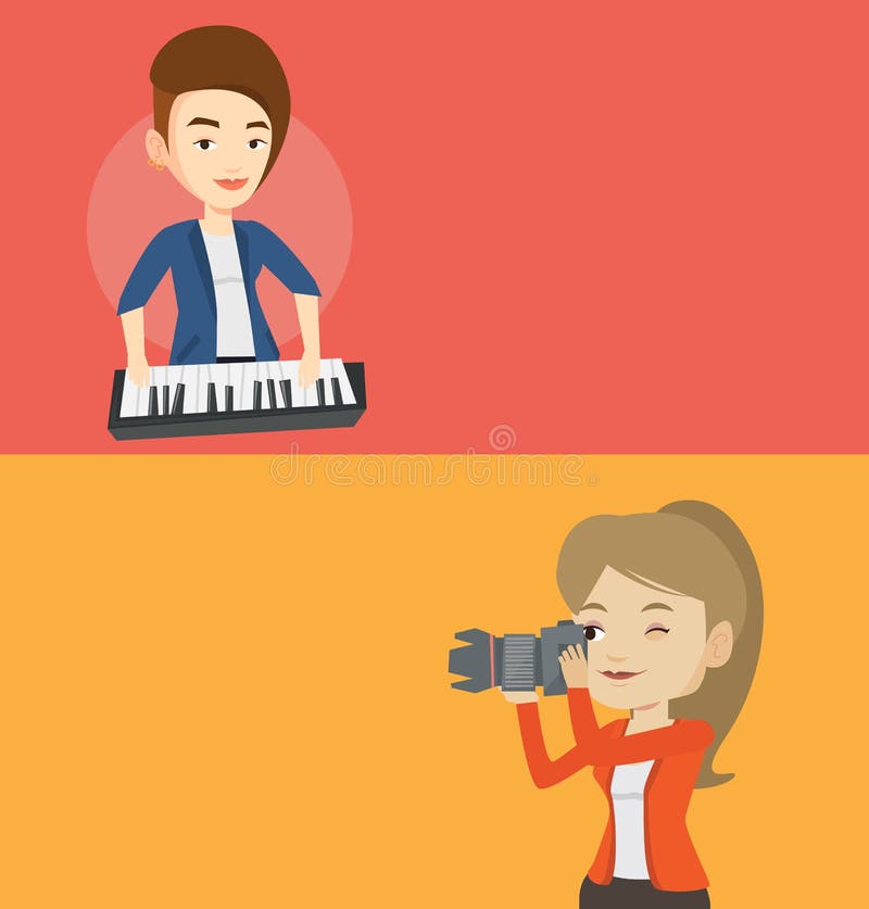 Two media banners with space for text. Vector flat design. Horizontal layout. Musician playing piano. Pianist playing upright piano. Young artist playing on piano. Young photographer taking a photo. Two media banners with space for text. Vector flat design. Horizontal layout. Musician playing piano. Pianist playing upright piano. Young artist playing on piano. Young photographer taking a photo.