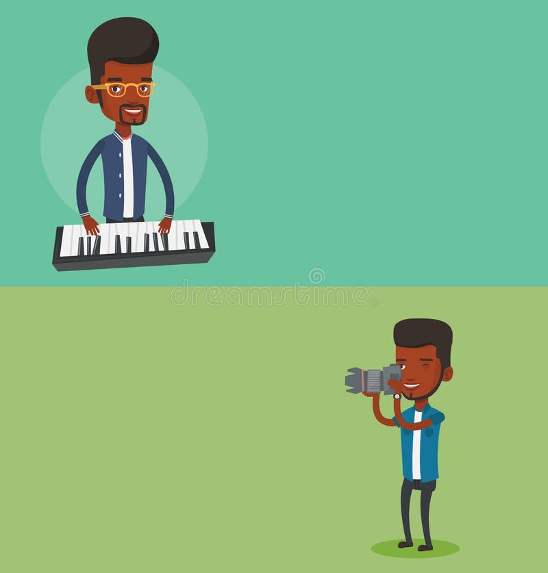 Two media banners with space for text. Vector flat design. Horizontal layout. Musician playing piano. Pianist playing upright piano. Young artist playing on piano. Young photographer taking a photo. Two media banners with space for text. Vector flat design. Horizontal layout. Musician playing piano. Pianist playing upright piano. Young artist playing on piano. Young photographer taking a photo.