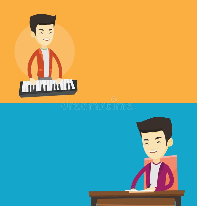 Two media banners with space for text. Vector flat design. Horizontal layout. Pianist playing on synthesizer. Young musician playing piano. Pianist playing upright piano. Journalist writing article. Two media banners with space for text. Vector flat design. Horizontal layout. Pianist playing on synthesizer. Young musician playing piano. Pianist playing upright piano. Journalist writing article.