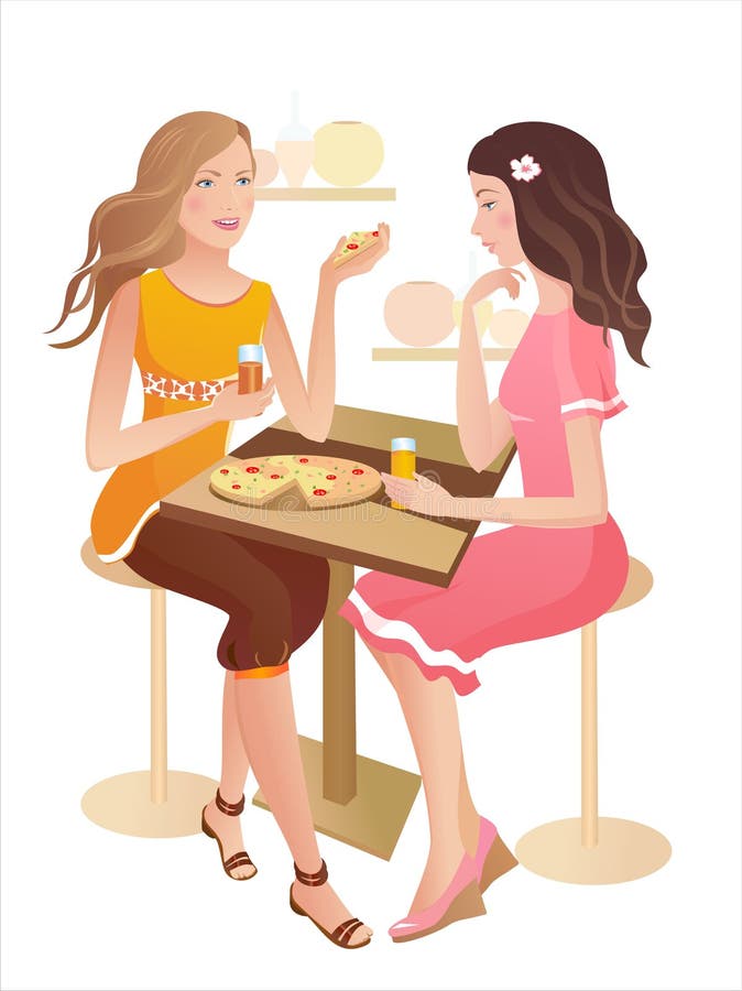 Two pretty girls eating pizza and chatting at a cafe, vector. Two pretty girls eating pizza and chatting at a cafe, vector
