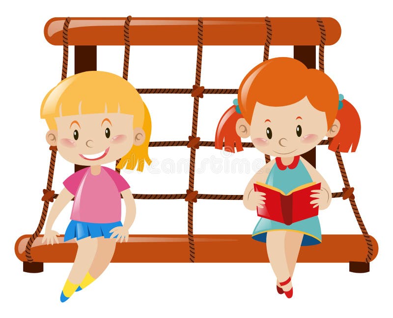 Twee meisjes die op kabel zitten die post beklimmen stock illustratie Twee meisjes die op kabel zitten die post beklimmen stock illustratie