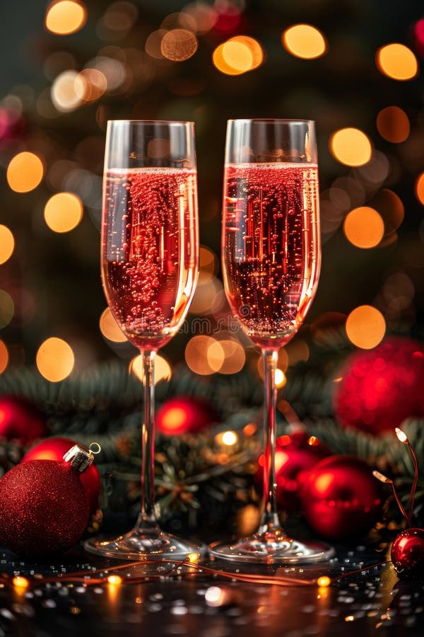 Two flutes of sparkling rose wine set against a vibrant Christmas tree backdrop, with twinkling lights and red ornaments enhancing the festive mood AI generated. Two flutes of sparkling rose wine set against a vibrant Christmas tree backdrop, with twinkling lights and red ornaments enhancing the festive mood AI generated