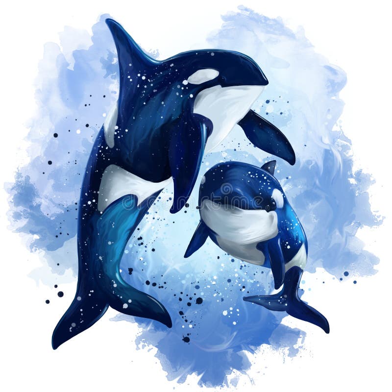 Twee orka's in de oceaan Het Schilderen van de waterverf royalty-vrije illustratie Twee orka's in de oceaan Het Schilderen van de waterverf royalty-vrije illustratie