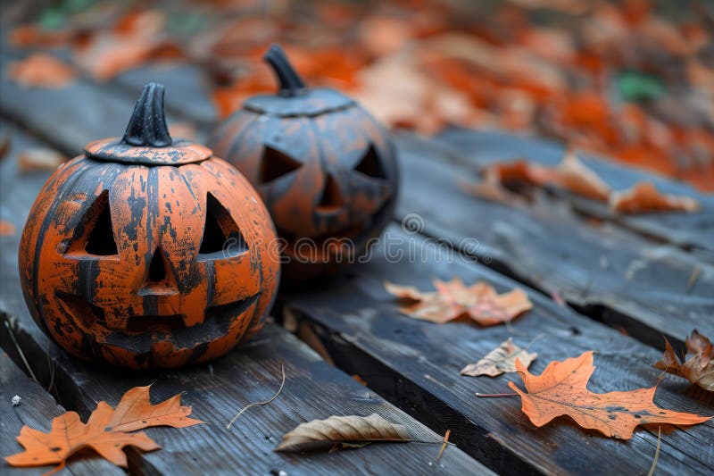 Two pumpkins sit on a wooden table with leaves. AI generated. Two pumpkins sit on a wooden table with leaves. AI generated