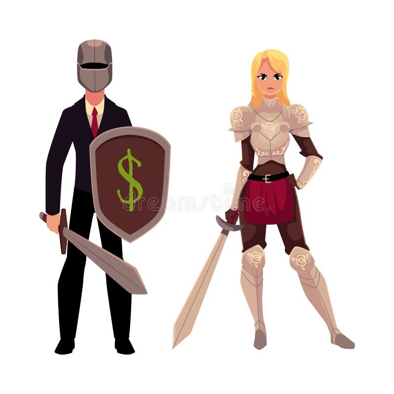 Twee ridders - moderne zakenmanstrijder en middeleeuwse gepantserde vrouw vector illustratie Twee ridders - moderne zakenmanstrijder en middeleeuwse gepantserde vrouw vector illustratie