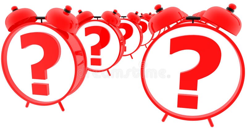 Twee rijen van wekkers in rood met vraagtekenconcept stock illustratie Twee rijen van wekkers in rood met vraagtekenconcept stock illustratie
