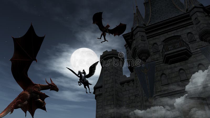Twee Rode Draken die het kasteel aanvallen bij nacht royalty-vrije stock fotografie Twee Rode Draken die het kasteel aanvallen bij nacht royalty-vrije stock fotografie