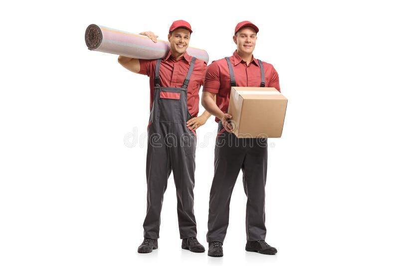 Full length portrait of two movers holding a carpet and a package isolated on white background. Full length portrait of two movers holding a carpet and a package isolated on white background
