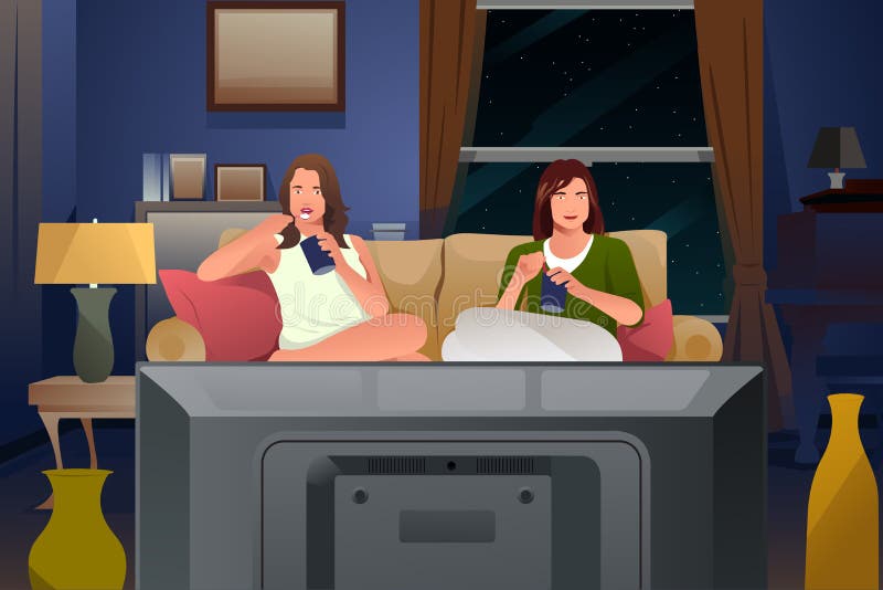 Twee Vrouwelijke Vrienden die op TV letten en Roomijs eten vector illustratie Twee Vrouwelijke Vrienden die op TV letten en Roomijs eten vector illustratie